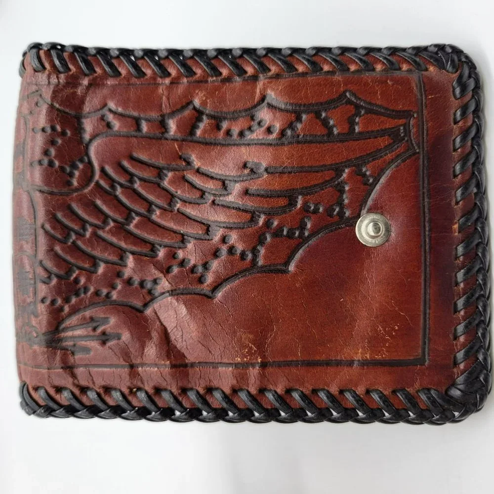 Tooled Leather Wallet Eagle Wings Mexico Vintage Black Leather Whip Stitching